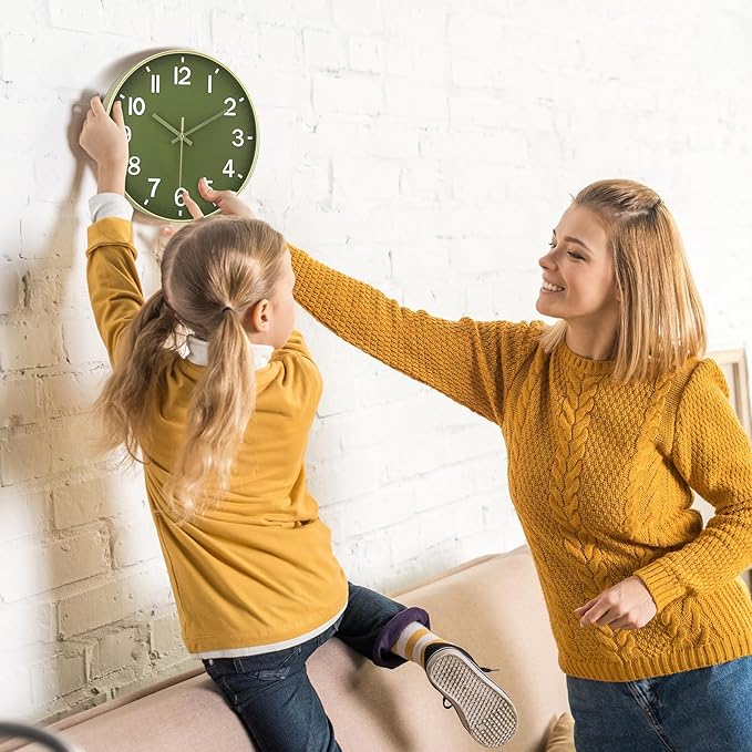 Inbagi 8 Pcs Wall Clock Large Silent Battery Operated Wall Clocks Modern Non Ticking Wall Clocks Bulk Decorative for Kitchen Office Living Room Home Bathroom Bedroom Classroom (Green,12 Inch)