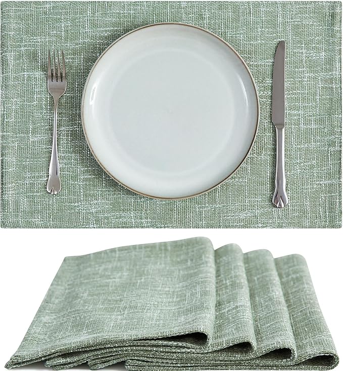 JINCHAN Burlap Textured Placemats Set of Four Farmhouse Cloth Place Mats Table Mats Sturdy Fabric Placemats for Kitchen Dining Table Double Layer Heat Resistant Tablemats 13 x 19 Inch Sage Green