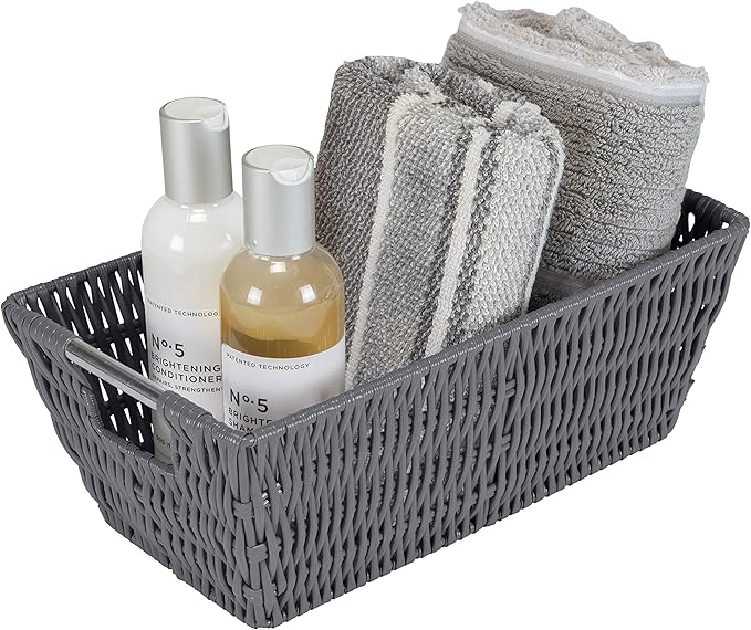 Simplify Small Shelf Rattan Storage Basket | 11.5"x 6.5"x 4.5" | Iron Wire Construction | Carry Handles | Ideal for Home | Dorm | Office | Home Organization | Charcoal