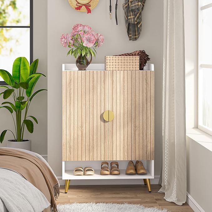 Tribesigns Shoe Cabinet with Doors, 7-Tier Shoe Storage Cabinet with Adjustable Shelves, Wooden Shoes Rack Shoe Storage Organizer for Entryway, Hallway, Closet, Living Room, Wood and Gold