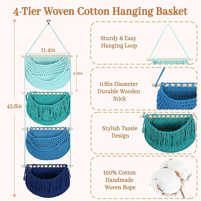 4 Tier Hanging Fruit Basket for Kitchen, 4 Pack Detachable Cotton Crocheted Wall Hanging Basket Over Door Organizer for Fruit Veggie Plant, Hanging Shelves for Bedroom Bathroom (Mixed Color)