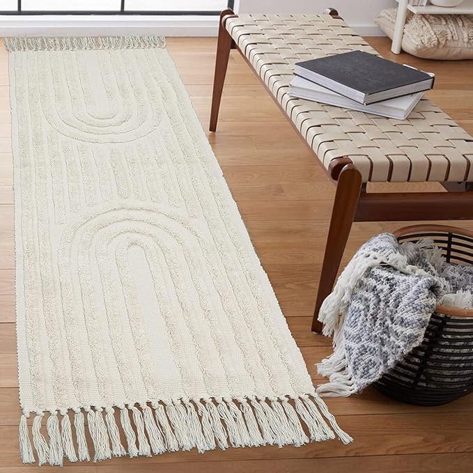 LEEVAN Boho 2'x6' Washable Rug Runners for Hallway Kitchen Rug Tufted Cotton Carpet Runner with Tassels Handmade Farmhouse Bohemian Bedroom Throw Rugs for/Living Room/Entryway Accent Rug