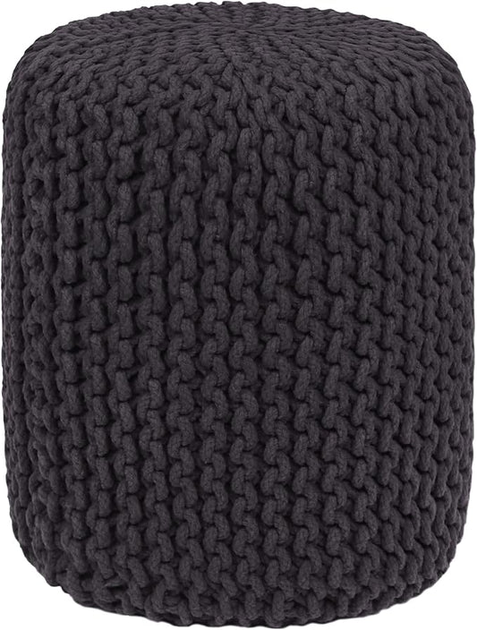 COTTON CRAFT Braided Round Pouf - Hand Knitted Cotton Cord Cable Dori Cylindrical Ottoman - Foot Stool - Floor Pouf - Footrest - Accent Seat - Living Room Bedroom Dorm Décor - 15 Round x 16 H - Grey