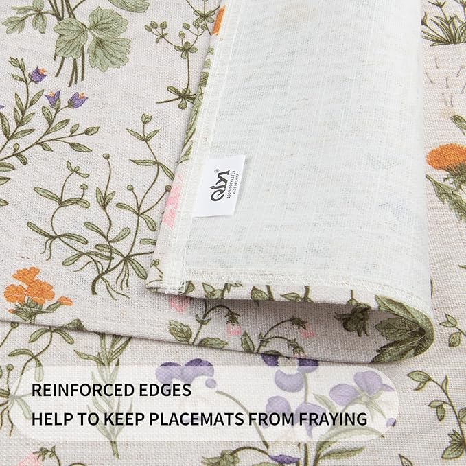 QIYI Boho Placemats Set of 6, 12x18 Inch Linen Fabric Floral Place Mats for Kitchen Dinning, Farmhouse Rustic Cloth Table Mats, Washable Placemat Botanical Party Table Décor, Wildflowers Herbs