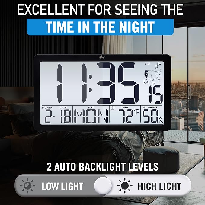 TXL Atomic Wall Clock with Backlight, Battery Operated Digital Wall Clock with Temperature, Humidity and Date, Large Display, Auto DST, 6 Time Zone(Black)