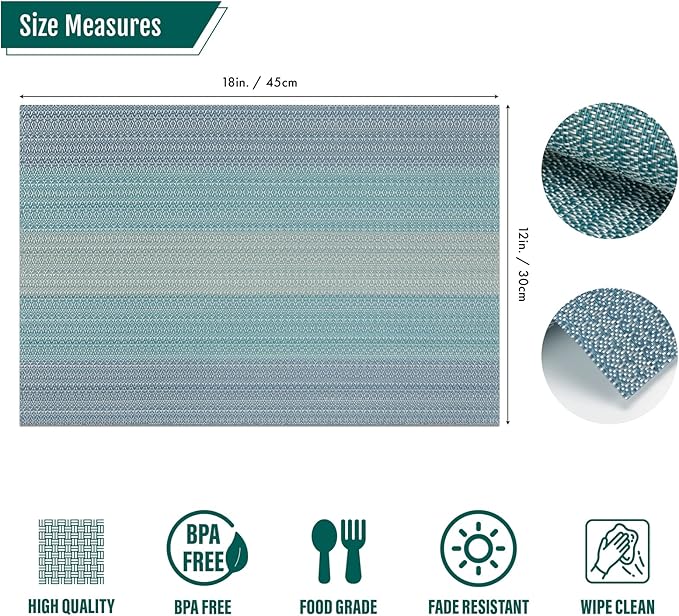 Winknowl Placemats, Set of 8 Heat Resistant Stain Resistant Woven Vinyl Insulation Placemats, Durable Washable Elegant Table Mats for Dining (Blue)