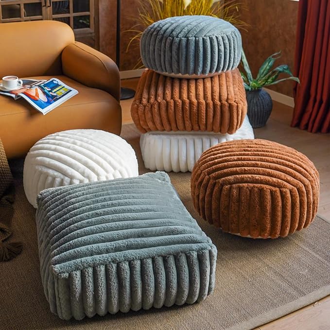Unstuffed Pouf Ottoman Cover Soft Storage Extra Seat Farmhouse Comfortable Bohemian Poufs Accent Footrest 20x20x8 Inches for Living Room Bedroom Study Nook (White, Round)