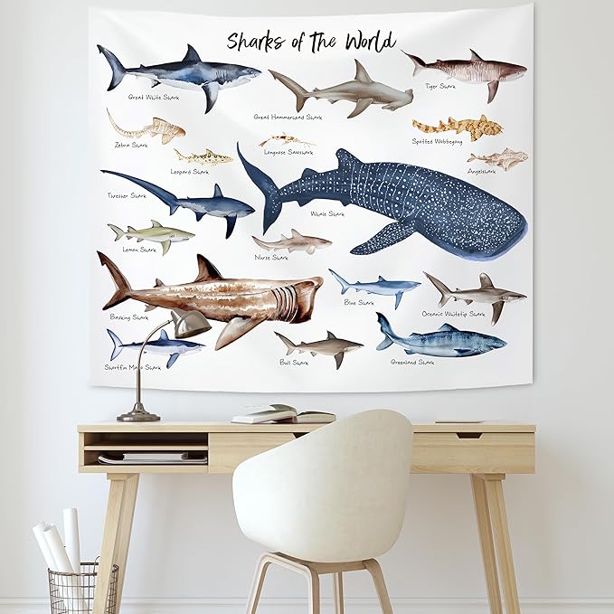 KAIOUS Shark Tapestry, Shark Educational Wall Hanging Tapestries for Kids Girls Boys Room Bedroom Dorm Classroom Nursery Decor 50x58 Inches