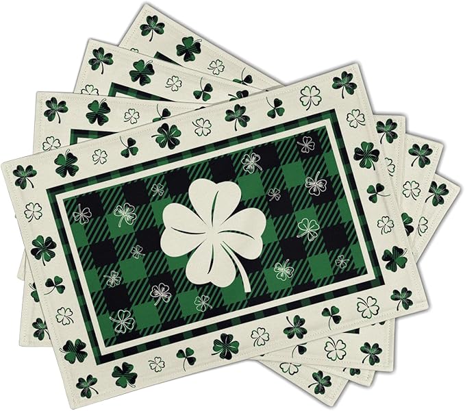 Giwawa Lucky Clover Placemats Set of 4 for Kitchen Dining, St Patricks Day Shamrocks Buffalo Plaids Washable Linen Place Table Mat 12x18 Inches for Tabletop Holiday Party Picnic Decor