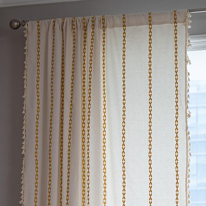 Sutuo Home Boho Curtains for Living Room Bedroom, Semi Blackout Farmhouse Vintage Shabby Chic Tassels Window Treatment Bohemian Embroidery Drape, Rod Pocket 1 Panel 52" W x 96" L, White and Gold