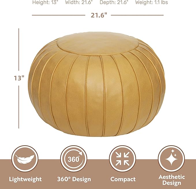 Thgonwid Handmade Storage Pouf Ottoman Foot Stool - Faux Suede Round Floor Cushion 21.6"x13" for Living Room, Bedroom, Wedding Decor, Unstuffed (Yellow)