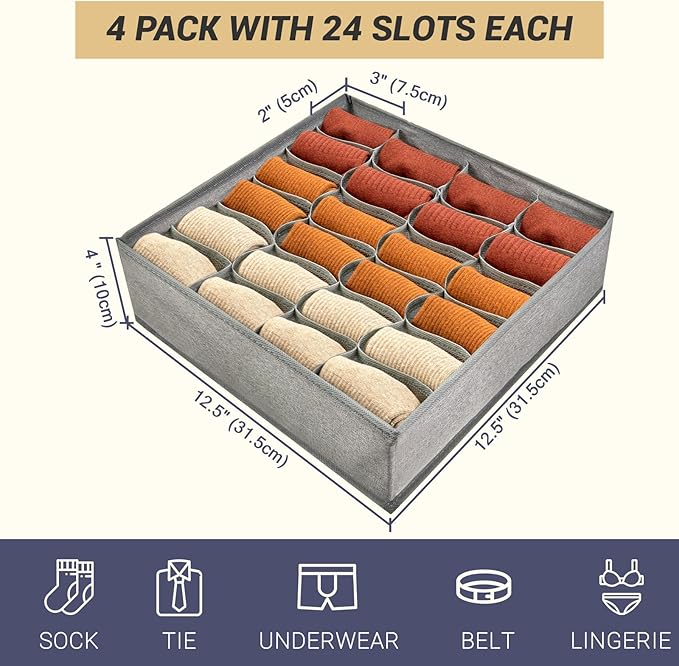 PINGMIC Gray Sock Organizer Divider 2 Pack - 24 Cell Foldable Closet Storage, Tie Organizer For Men Boxes for Socks, Ties, Belts