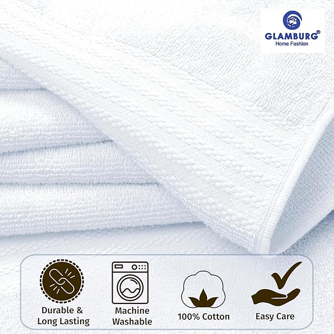 GLAMBURG Ultra Soft 8-Piece Towel Set - 100% Pure Ringspun Cotton, Contains 2 Oversized Bath Towels 27x54, 2 Hand Towels 16x28, 4 Wash Cloths 13x13 - Ideal for Everyday use, Hotel & Spa - White