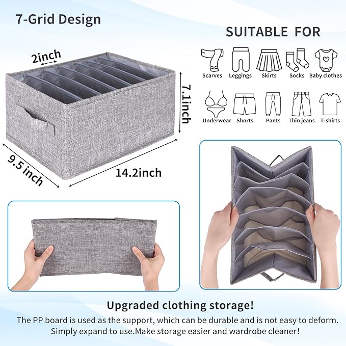 Fixwal 4pcs Wardrobe Clothes Organizer with Board Closet Organizers and Storage 7 Grids Divider Organizers Washable Compartment Storage Bins for Jeans T-shirt Pants Legging