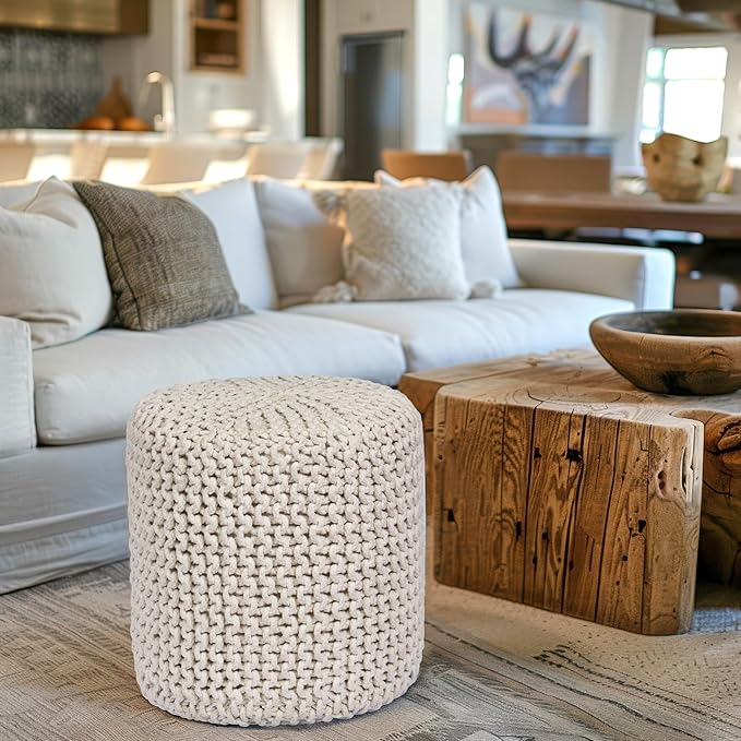COTTON CRAFT Braided Round Pouf - Hand Knitted Cotton Cord Cable Dori Cylindrical Ottoman - Foot Stool - Floor Pouf - Footrest - Accent Seat - Living Room Bedroom Dorm Décor - 15 Round x 16 H - Ivory