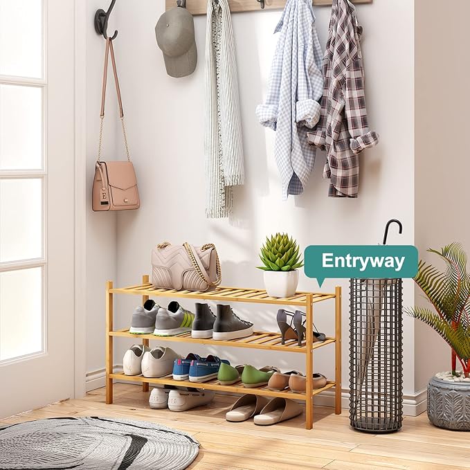 3-Tier Long Shoe Rack, Bamboo Wood Shoe Rack for Closet, Entryway & Hallway, Stackable | Beautiful | Functional | Sturdy