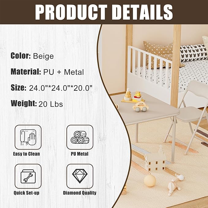 GAOMON Boys and Girls Folding Table and Chairs Set of 3, Portable Table and Chair with Pu Soft Cushion, No Installation Required, Suitable for Eating, Reading and Playing