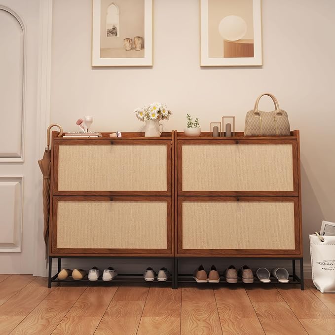 AVZEAR Narrow Shoe Storage Cabinet for Entryway with 2 Flip Drawers, Freestanding Shoe Cabinet with Natural Linen Panel, Slim Wood Shoe Organizer Closed Shoe Rack for Hallway, Foyer(Walnut)