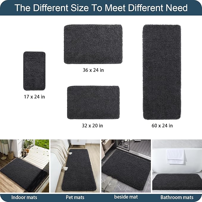 AROGAN Luxury Long Bathroom Runner Rug, 24x60 Inch Thick Soft and Absorbent Non Slip Bath Mat, Rubber Backing Quick Dry Rugs Carpets, Machine Washable Plush Mats for Shower Floor, Deep Grey