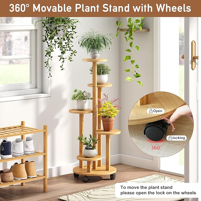 FILWH Plant Stand For Outdoor Indoor Tall Bamboo Flower Stand with Wheels Plant Shelf Pot Holder Plants Corner Display Rack for Balcony Garden Patio(Natural)