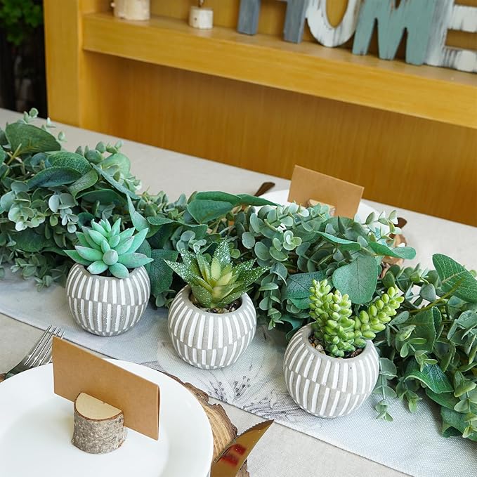 Winlyn Set of 3 Artificial Succulents Plants in Mini Gray and White Geometric Cement Pots Faux Potted Plants Aloe Pachyphytum Succulent Donkey Tail Small Plant for Home Office Table Shelf