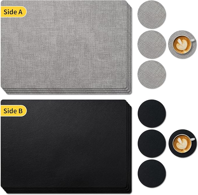 Placemats Set of 8 with Coasters Dual Sided Heat Stain Resistant Place Mats Faux Leather Table Mats Non-Slip Waterproof Oil-Proof Washable Wipeable Table Placemats for Dining Patio Table Kitchen