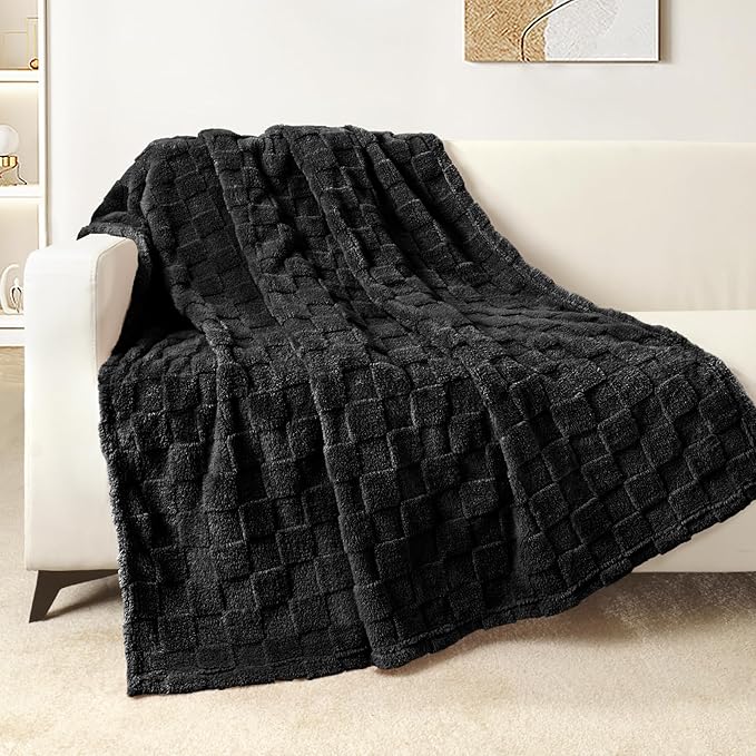 Exclusivo Mezcla Fleece Throw Blanket for Couch,Super Soft and Warm Lightweight Checkered Pattern Blankets for All Seasons, 50x60 Inches, Black