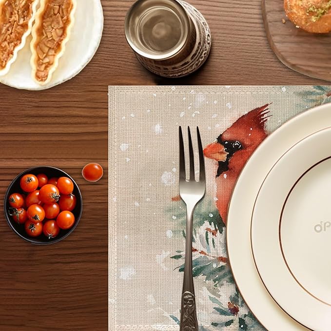 Bird Placemats Set of 6, Cardinal Place Mats Washable Heat Resistant 12×18 Inch Linen Table Mats for Christmas Party Outdoor Dining Décor
