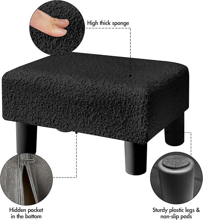 BRIAN & DANY Small Foot Stool Ottoman, Footstool with Legs, Teddy Velvet Foot Rest for Living Room, Bedroom and Office, Black