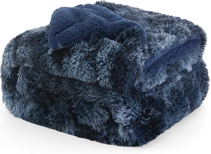 Bedsure Fluffy Tie Dye Navy Blue King Size Blanket for Bed, Thick Soft Sherpa Faux Fur Fleece Bedding Fuzzy Plush Winter Warm Heavy Oversize Large King Blanket, Cozy Blue Gifts for Men Women, 108x90