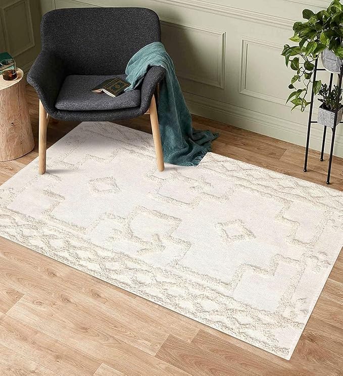 Uphome Boho Area Rug 3' x 5', Cream Washable Cotton Woven Entryway Rug with Tassels, Moroccan Tufted Bedroom Rug, Farmhouse Tribal Floor Carpet for Entry Office Porch Living Room Kitchen