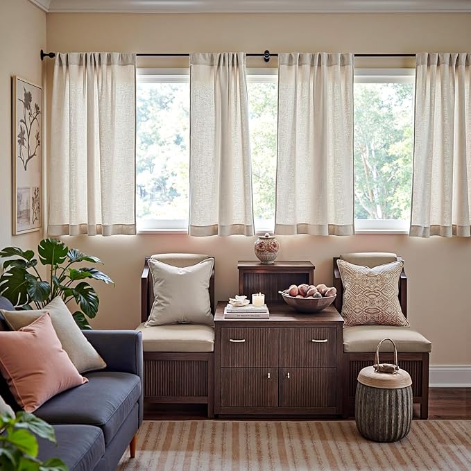 jinchan Beige Linen Blend Curtains 63 inch Length 2 Panels for Bedroom Living Room, Semi Sheer 50 inch Wide Farmhouse Cottage Core Style Drapes with Rod Pocket Back Tab(50W x 63L, Ecru)