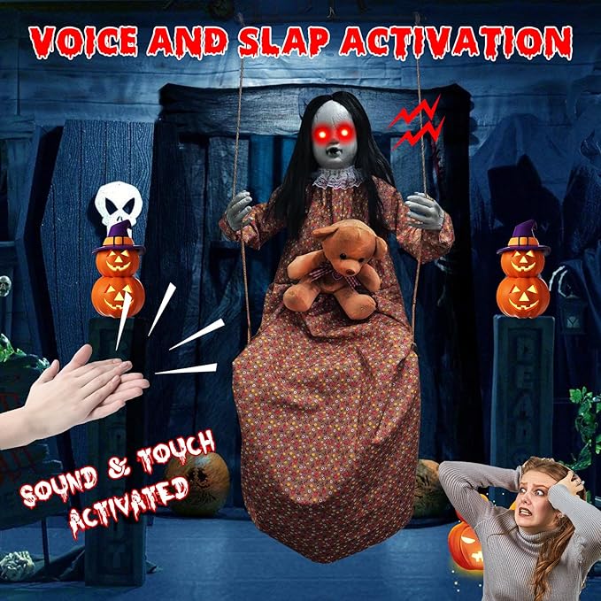 Scary Halloween Decorations Outdoor, Halloween Hanging Swinging Doll Girl with Sound & Slap Activated, Light Up Eyes Creepy Sound Expressions, Large Scary Halloween Decor Props for Indoor Outside