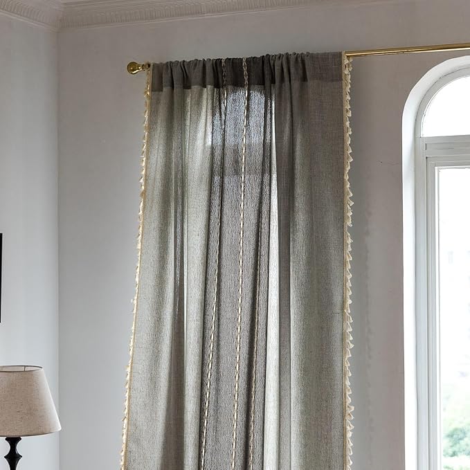 Sutuo Home Boho Curtains 72 inch Long for Bedroom Living Room, Semi Blackout Linen Farmhouse Chic Tassels Window Treatment Bohemian Embroidery Drape, Rod Pocket 1 Panel 52" W x 72" L, Gray Linen