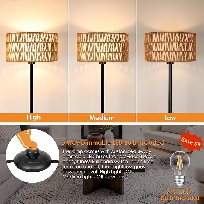 Rattan Boho Floor Lamp with Black Metal Base and LED Bulb - Double Shades, Farmhouse Rustic Design for Living Room, Bedroom, Office