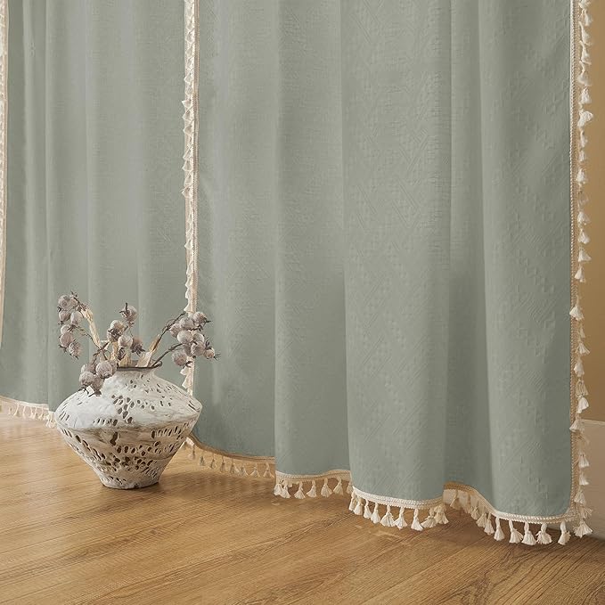 Joydeco Custom Boho Curtains - 1 Panel, Super Soft Light Filtering Country Rustic Semi Sheer Curtains for Bedroom & Living Room, Greyish Green