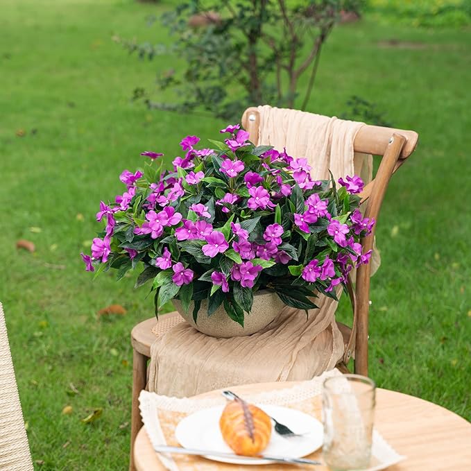 15.7”Spring Decorations for Home Flowers Fake Plants Fake Flowers Artificial Impatiens Bouquet Flowers for Outdoors Silk Faux Flowers Impatiens Plants Decor Indoor Planters 8PCS (Purple)