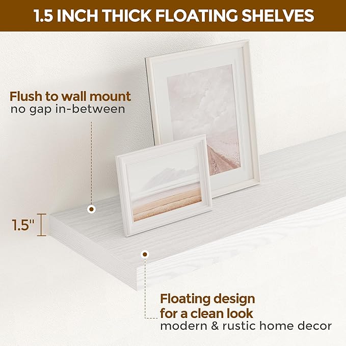 Floating Shelves White 36 Inch Long, 9.3" Deep Floating Shelf Wall Mounted, Rustic Deep Bookshelf, Large Display Storage Shelves for Bathroom, Bedroom, Kitchen, 36"W x 9.3"D x 1.5"H, Set of 2