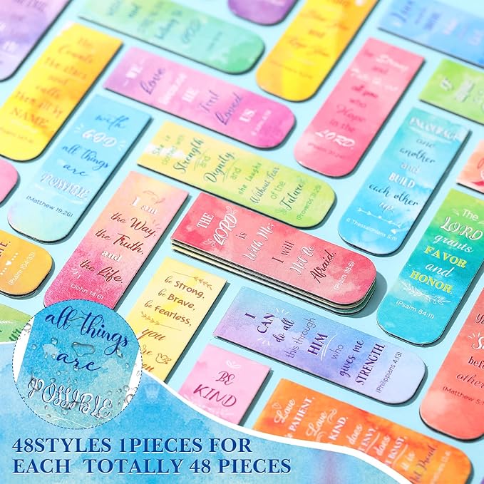 Zonon 48 Pcs Bible Verse Magnetic Bookmarks, Inspirational Scripture Christian Book Markers Religious Motivational Encouragement Flower Page Clips Presents for School Supplies(Watercolor Style)