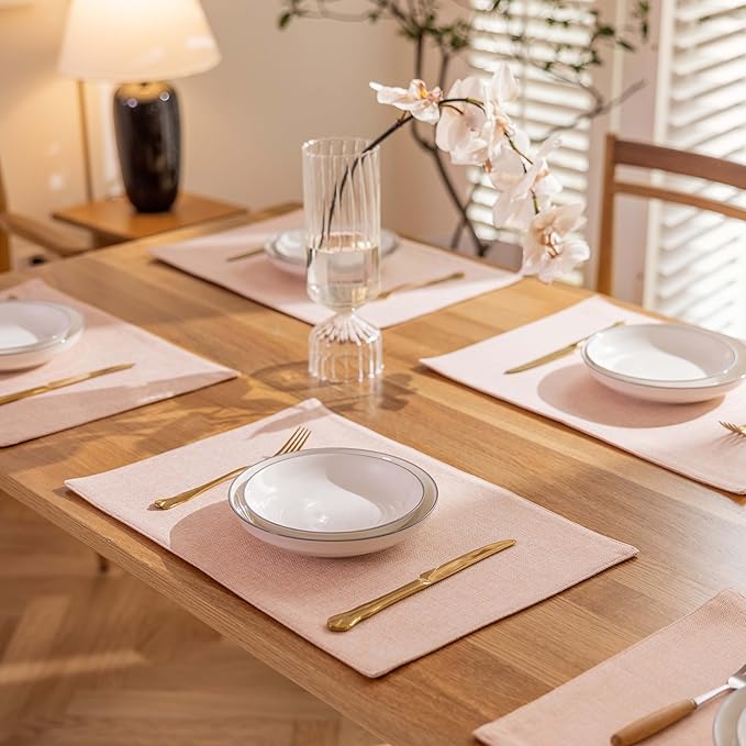 Demetex Pink Placemats Set of 4 Heat Resistant Linen Plate Mats Wipeable Cloth Place Mats for Dining Tables Restaurants, 13 x 19 inches, Pink