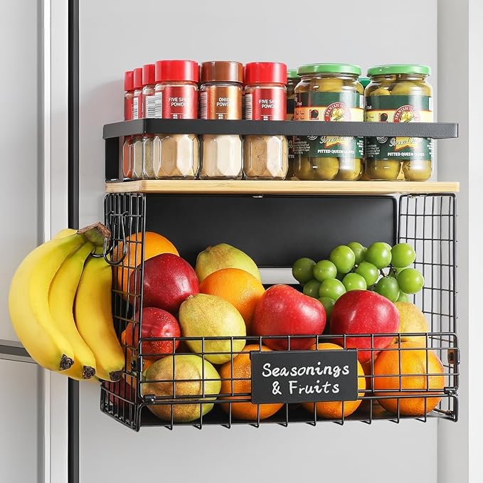 1 SET Strong Magnetic Shelf for Fridge with Tag & Bamboo Top, XXL Large Capacity Magnetic Spice Rack Shelves for Side of Refrigerator, Kitchen Pantry Storage Organizer, Multiuse Food Fruit Veg Baskets