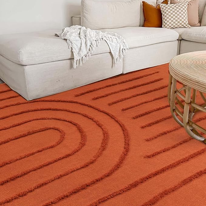LEEVAN Washable Rugs for Living Room 5x8, Terracotta Tufted Rainbow Nursery Rug, Boho Low Pile Bedroom Floor Carpet, Modern Farmhouse Kids Room Rug for Dorm/Bedside/Classroom/Room