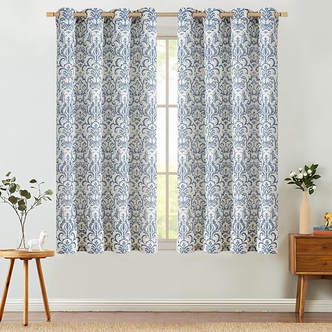 jinchan Curtains for Bedroom, Light Filtering 63 Inch Length 2 Panels Set, Baroque Style Linen Blend Drapes Living Room, Vintage Damask Window Treatments, Grommet Top Slate Blue on Flax, W52 X L63