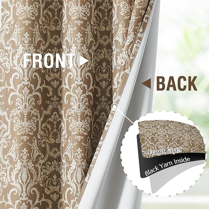 jinchan Room Darkening Curtains for Bedroom Brown Damask Patterned Curtains 108 Inch Length for Living Room Linen Textured Vintage 9FT Long Drapes Medallion Window Treatments Grommet Top 2 Panels Set