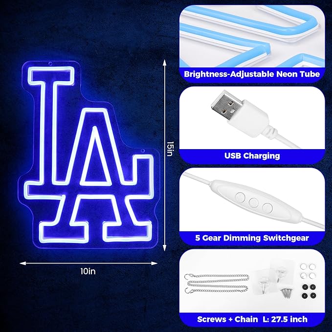 LA Baseball Neon Sign, Los Angeles Cool Light Up Dimmable LA Baseball Team Logo Hanging Led Neon Sign for Wall Decor, Bedroom, Party, Man Cave, Garage, Birthday Christmas Gift for Baseball Fans