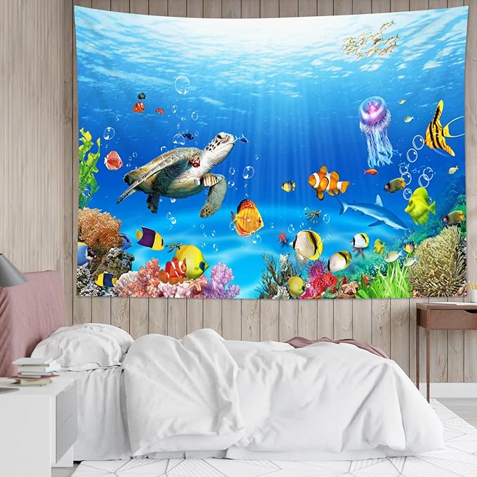 HVEST Blue Ocean Sea Turtle Tapestry Wall Hanging Tropical Fish Jellyfish and Coral Reef Wall Art Summer Nautical Tapestry for Kids Bedroom Living Room Dorm Wall Decor,92.5Wx70.9H inches