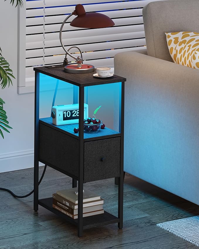 TUTOTAK Small Narrow LED End Table with Charging Station, Side Table Outlets, Nightstand with Cloth Drawer, Set of 2, Couch Table, for Living Room, Bedroom, Bedside, Black TB01BK059