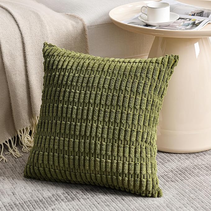 Fancy Homi 4 Packs Boho Moss Green Decorative Throw Pillow Covers 26x26 Inch for Couch Bed Sofa, Rustic Modern Farmhouse Home Decor, Soft Plush Corduroy Cute Square Cushion Case 66x66 cm