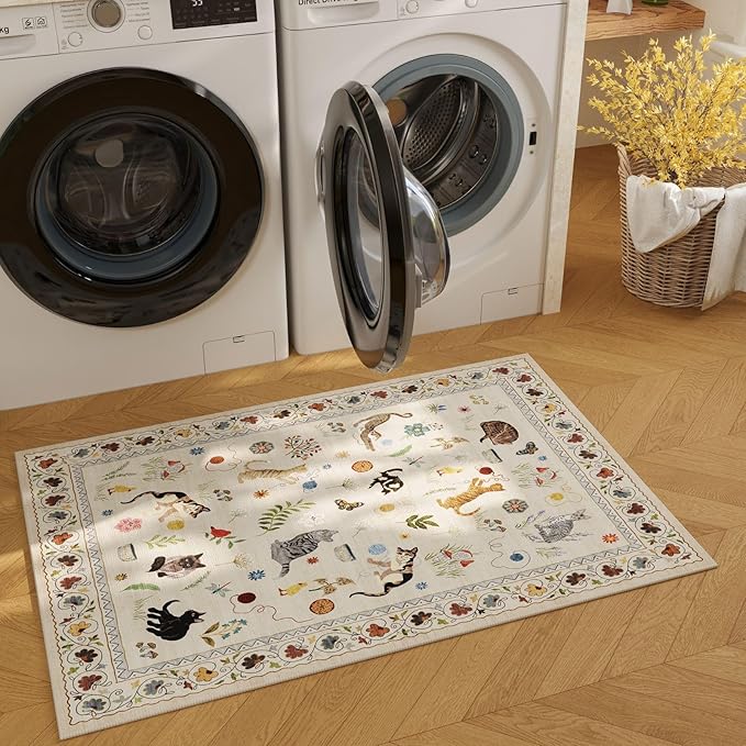 Door Mat Indoor Entrance 2x3 Rug Machine Washable Boho Floral Animal Cat Small Area Rug Non-Slip Low Pile Throw Rugs for Entryway Kitchen Front Door Indoor Entrance Entry Kids Room, Beige