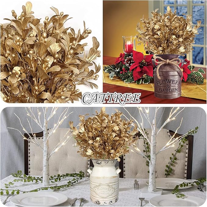 Christmas Artificial Flowers, Golden Leaves Branches Plants Fake Berry Plant Decor for Wedding Bridal Bouquet Party Indoor Outdoor DIY Home Table Centerpieces Arrangements Decoration - Gold 3 Pack
